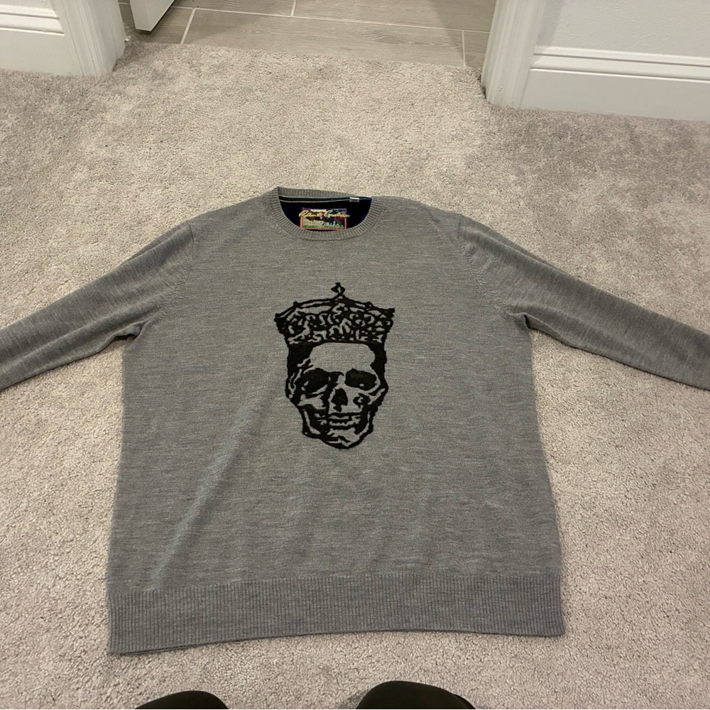 Robert Graham Gray Crewneck Sweater with Black Crown Skull